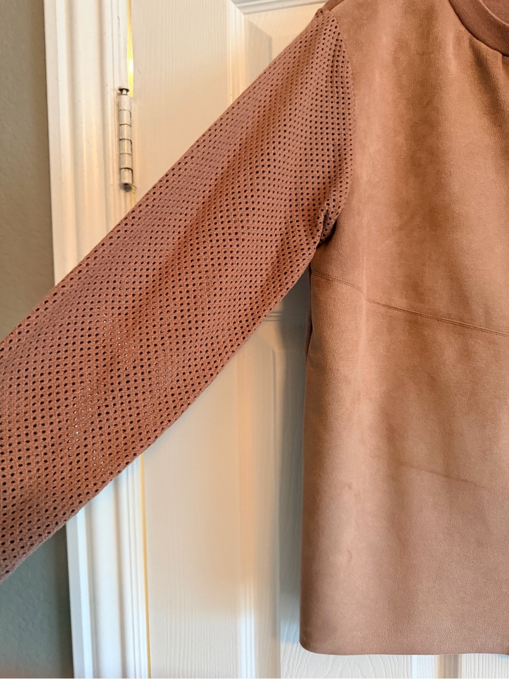 Sioni Tan Perforated-Sleeve Leather Sweater jacket - Picture 3 of 6